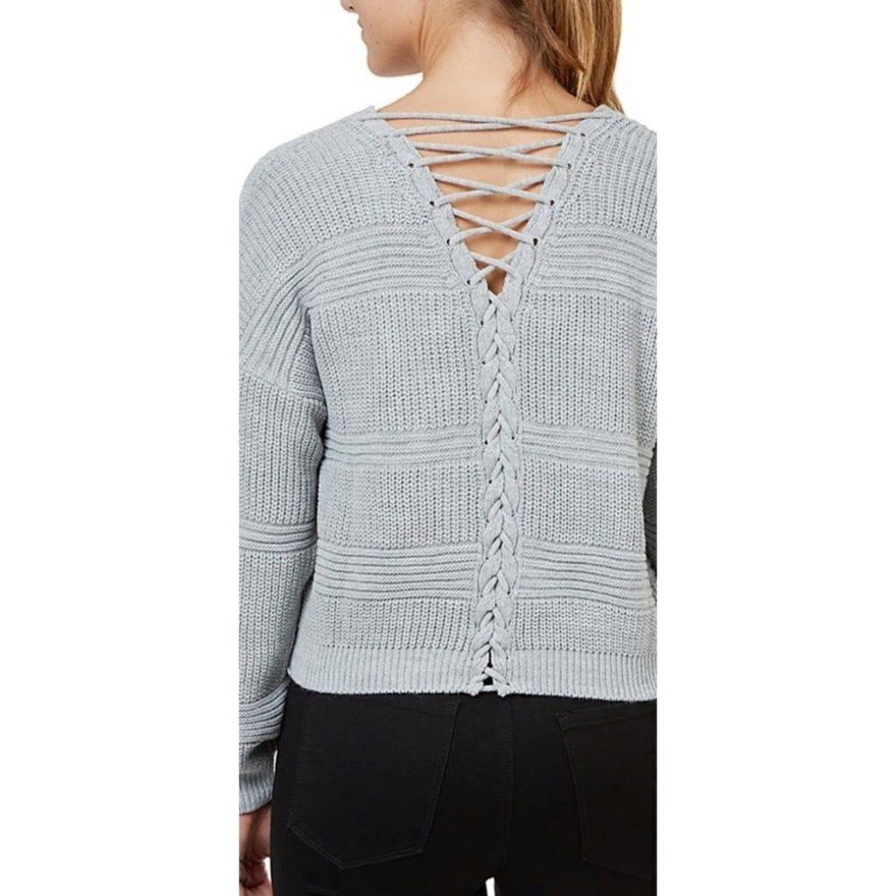 Numero Sweater Top Womens XL Grey Lace-Back Cropped Long-Sleeve Soft Lightweight - Picture 12 of 13